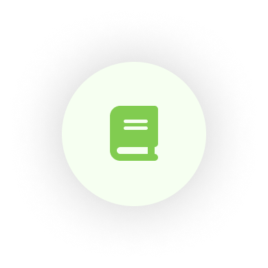 Green book icon on a light circle with a dark, blurred background.