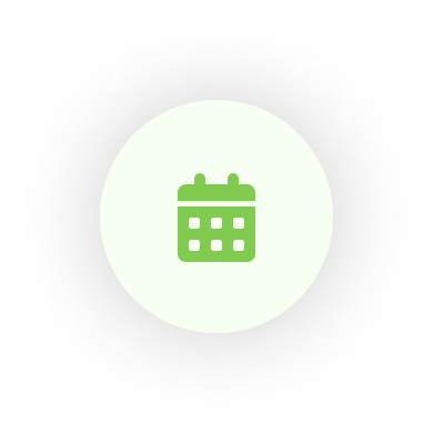 Green calendar icon on a light circle, surrounded by a dark, speckled background.